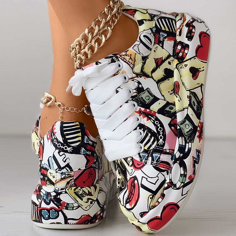 Women's Casual Round Toe Thick Sole Lace-Up Sneakers, Random Print Design, Comfortable Sporty Shoes For Daily Wear