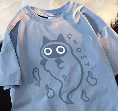 Loose-fit Pure-cotton Short-sleeve T-shirt With Cat Transparent Ghost Design
