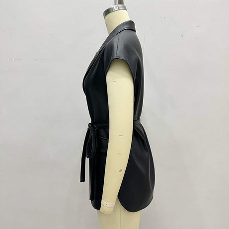 Women's Faux Leather Vest, Lapel Collar Sleeveless Casual Work Jacket With Belt
