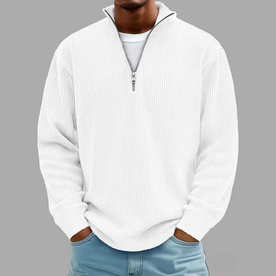 Corduroy Zipper Stand Collar Sweatshirt Fashion Warm Solid Color Long Sleeve Top Men's Casual Polo Shirt Clothing