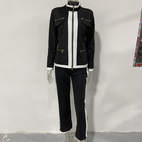 Women's Casual 2-Piece Sport Set, Color-Block Zip Jacket & Straight Leg Pants For Spring And Fall