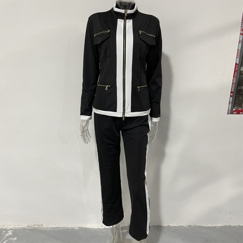 Women's Casual 2-Piece Sport Set, Color-Block Zip Jacket & Straight Leg Pants For Spring And Fall