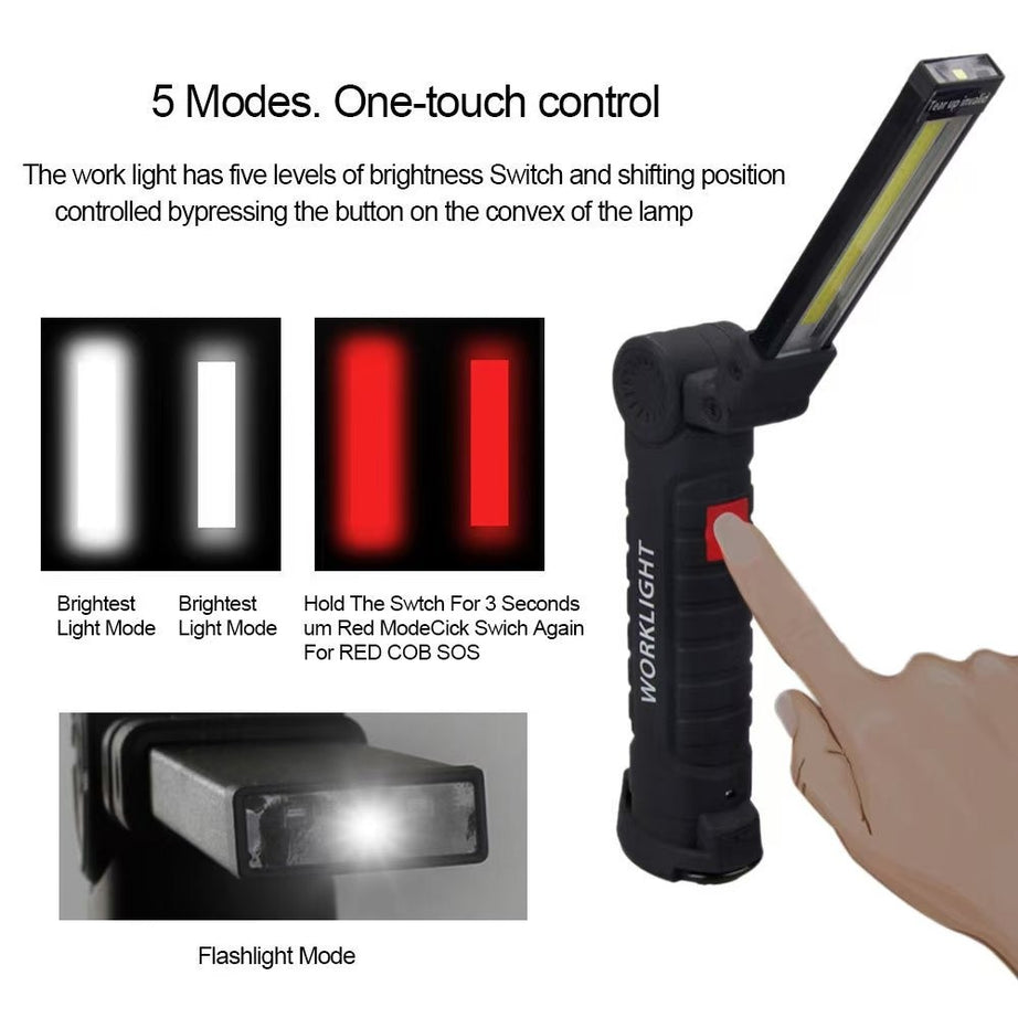 Rechargeable LED Work Light - 360 Degree Rotating Magnetic Base, Handheld Portable Light For Car Maintenance, Mechanical Work, Camping, Emergency - 5 Light Modes