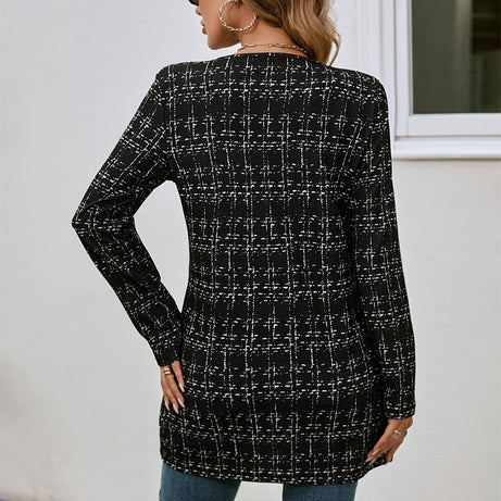 Women's Elegant Black White Checkered Collarless Casual Mid-Length Jacket Versatile For Semi-Formal & Casual Occasions