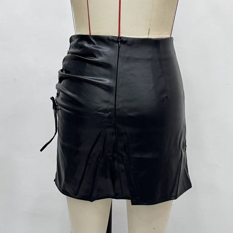 Women's Faux Leather Mini Skirt, Sexy Slim Side Slit Ruched Drawstring Bodycon Clubwear