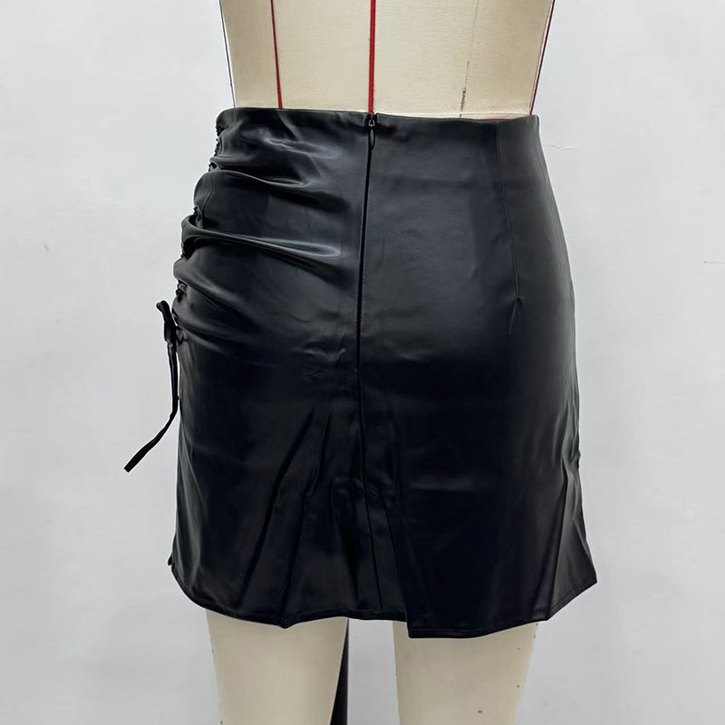 Women's Faux Leather Mini Skirt, Sexy Slim Side Slit Ruched Drawstring Bodycon Clubwear