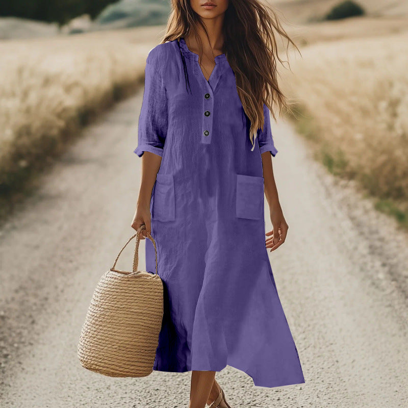 Women's Solid-Color Loose Bohemian Resort Cotton-Linen Dress With Pockets