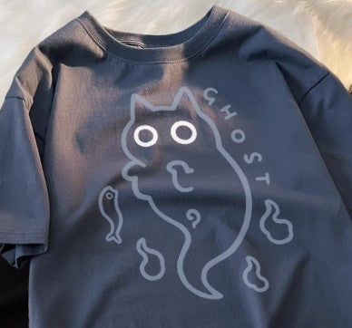Loose-fit Pure-cotton Short-sleeve T-shirt With Cat Transparent Ghost Design
