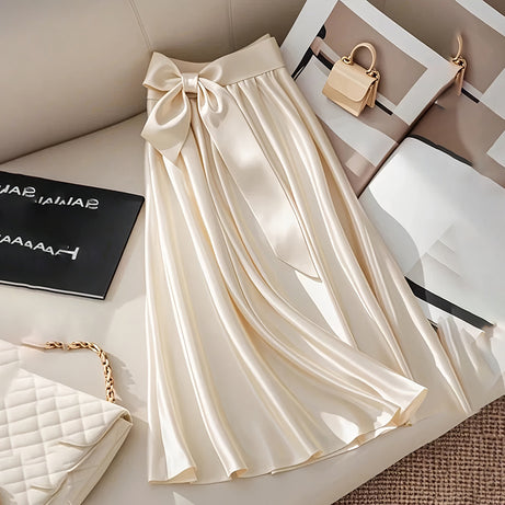 Women's Solid Color Satin Midi Skirt With Bow Detail, Elegant Pleated Skirt For Office And Vacation Wear