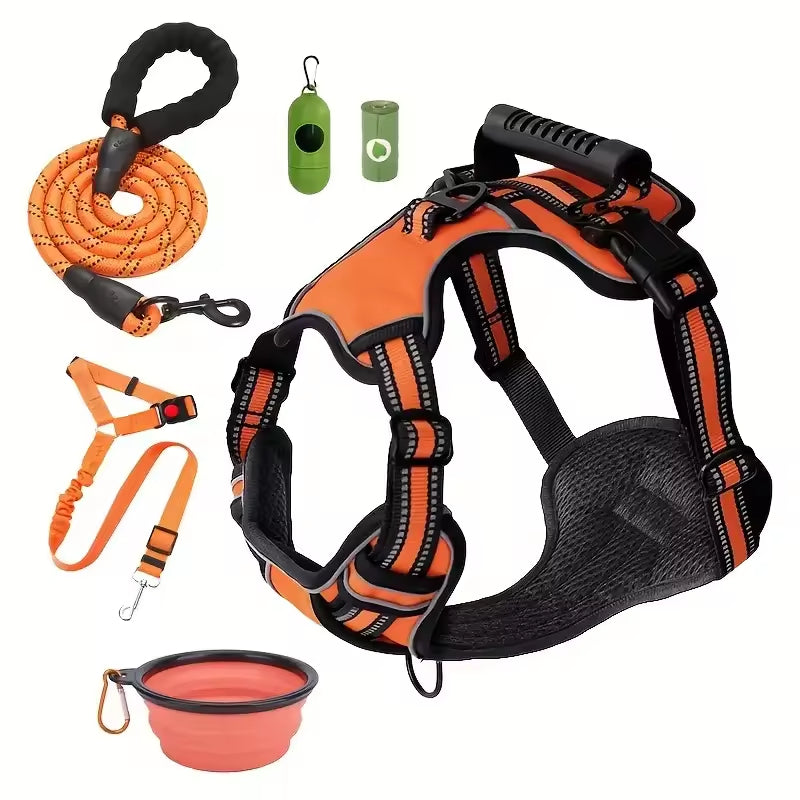 Tactical Service Dog Harness Strap Set, Car Seat Belt, Collapsible Bowl, Biodegradable Trash Bag Set For Dogs