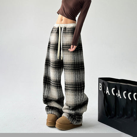 Women's High-Waisted Plaid Wide Leg Pants, Check Pattern Trousers With Drawstring Waist And Pockets