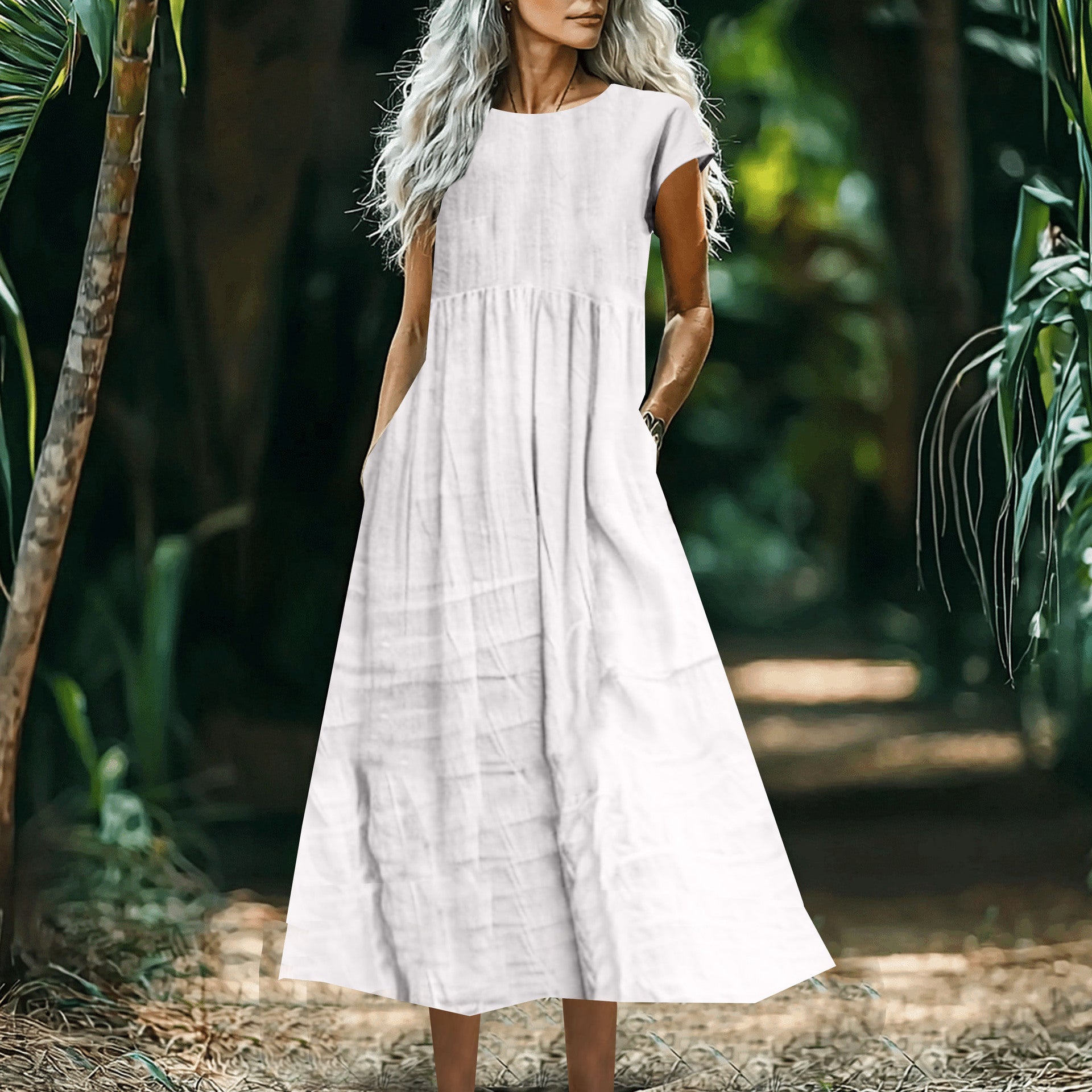 Women's Solid-Color Loose-Fitting All-Match Cotton-Linen Dress With Pockets