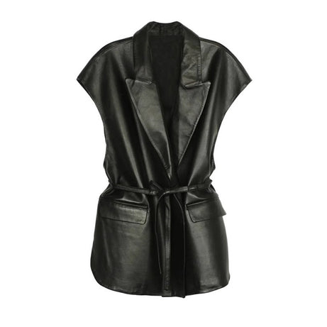 Women's Faux Leather Vest, Lapel Collar Sleeveless Casual Work Jacket With Belt