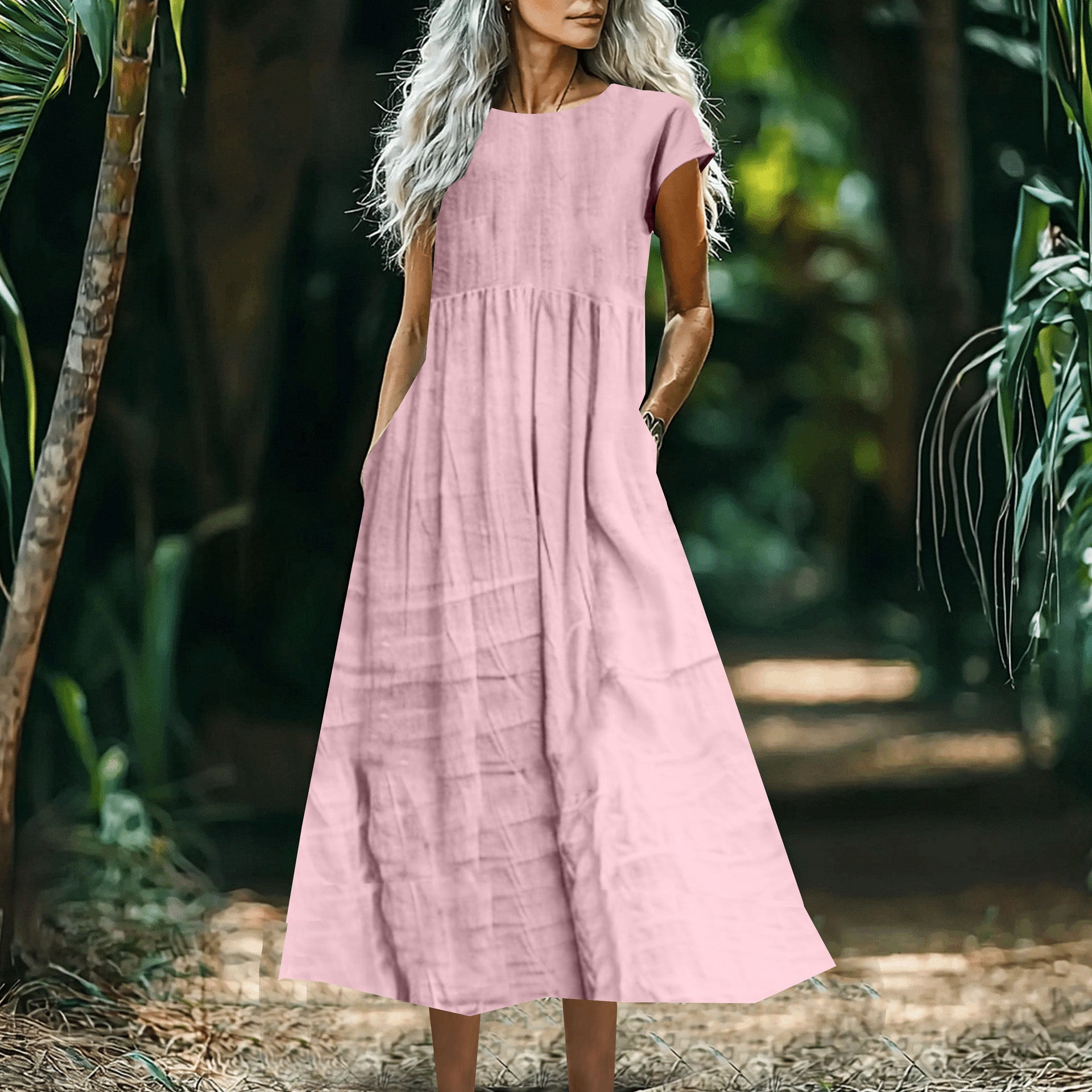 Women's Solid-Color Loose-Fitting All-Match Cotton-Linen Dress With Pockets