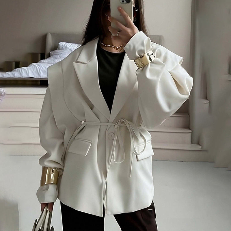 Women's Waist Tie Blazer - Elegant Business Casual Solid Color Jacket For Fall Winter Office