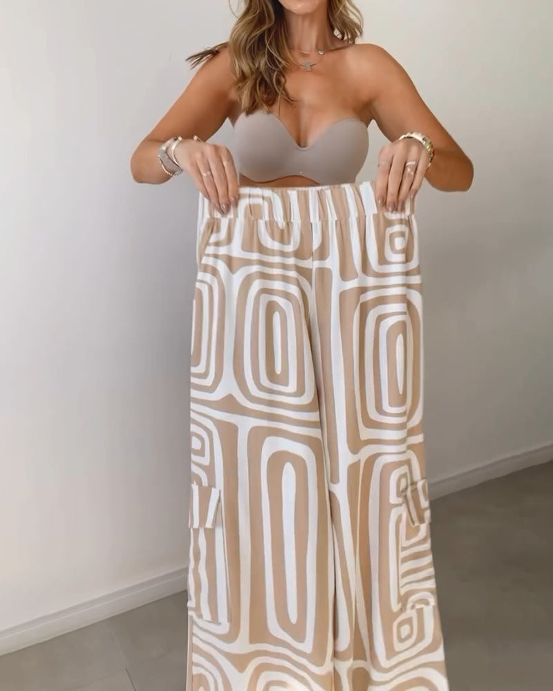 Women's Casual Long-sleeved Lapel Shirt Printed Wide-leg Pants Suit