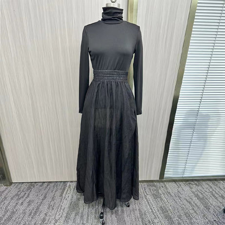 Women's Elegant High-Neck Sweater And Skirt Set - Solid Color With Slit Hem, Cozy Two-Piece Outfit For Fall Winter Casual Chic
