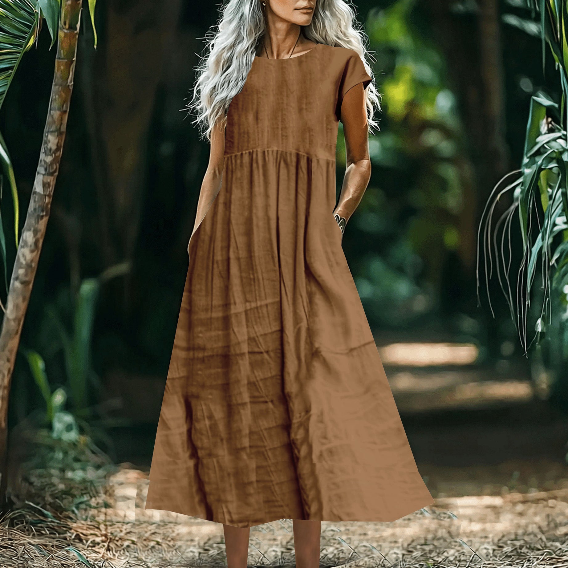 Women's Solid-Color Loose-Fitting All-Match Cotton-Linen Dress With Pockets