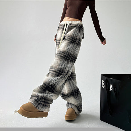 Women's High-Waisted Plaid Wide Leg Pants, Check Pattern Trousers With Drawstring Waist And Pockets