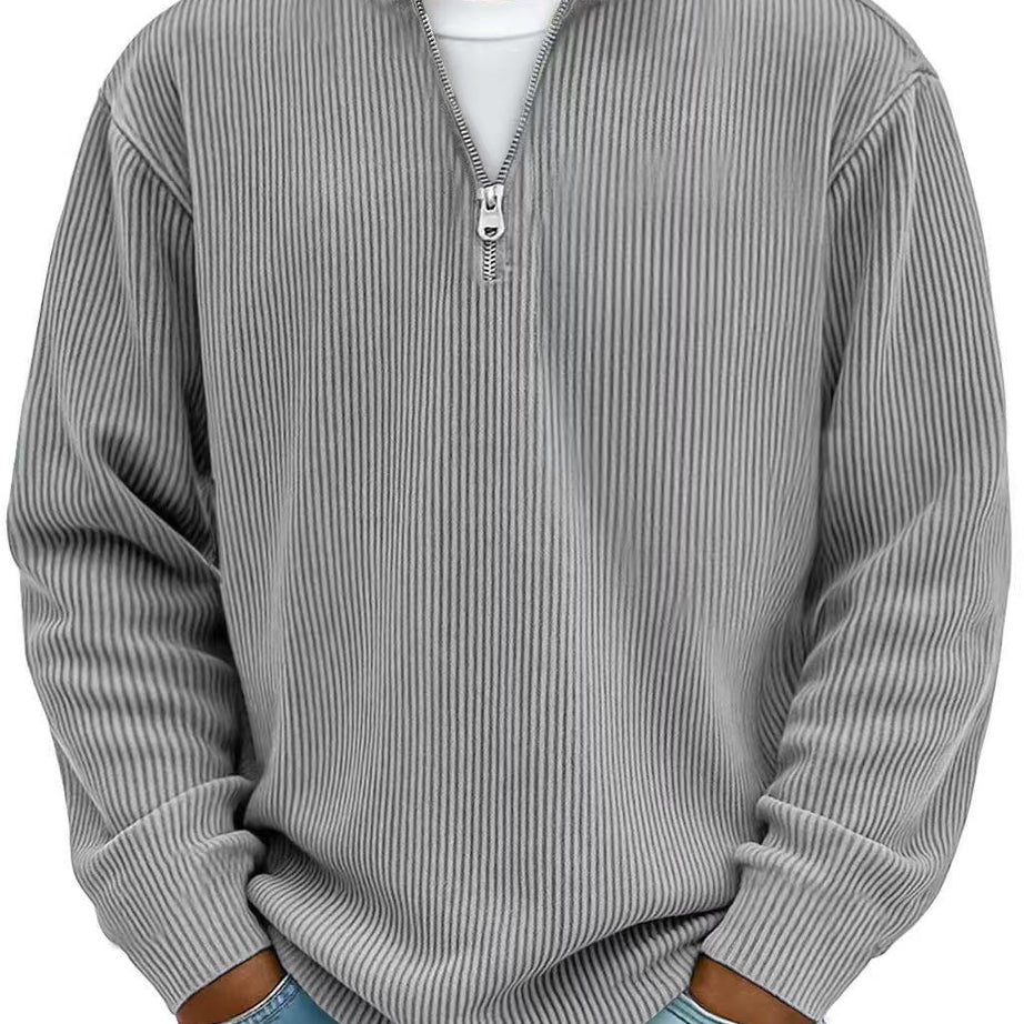 Corduroy Zipper Stand Collar Sweatshirt Fashion Warm Solid Color Long Sleeve Top Men's Casual Polo Shirt Clothing