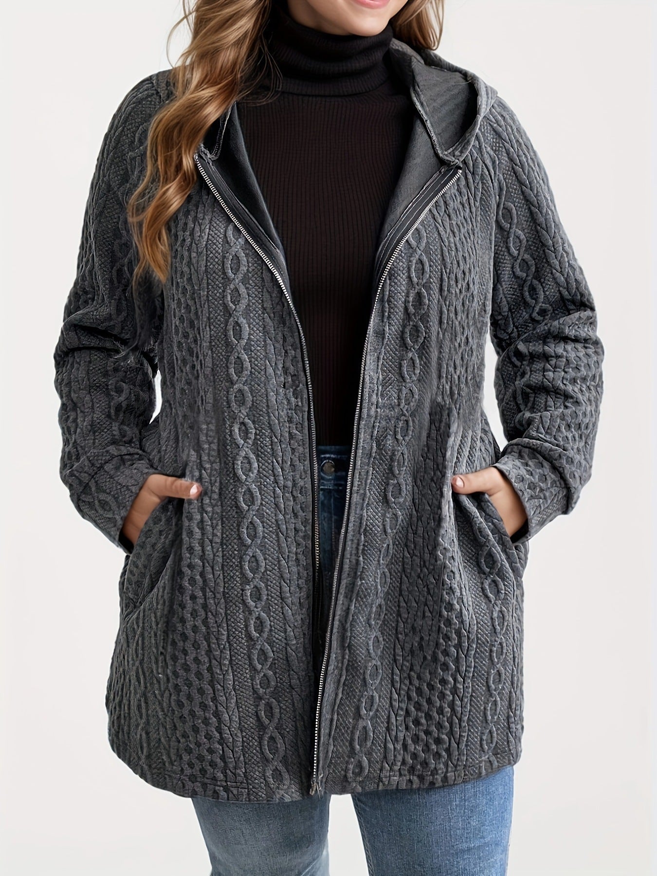 Women's Solid-Color Wavy-Pattern Patchwork Hooded Coat With Pockets