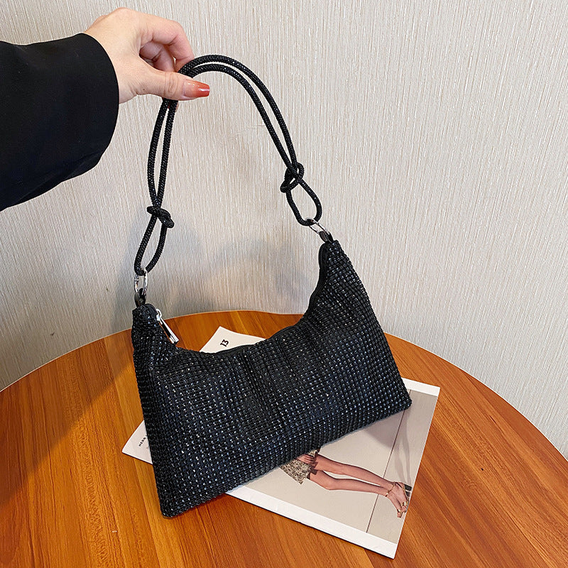 Women's Solid-Color Shiny Faux Rhinestone Zipper-Knotted Shoulder Bag