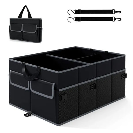 13 Gallon Car Trunk Organizer - 3 Compartments+6 Pockets, 600D Oxford Fabric, Non-Slip Base, Black