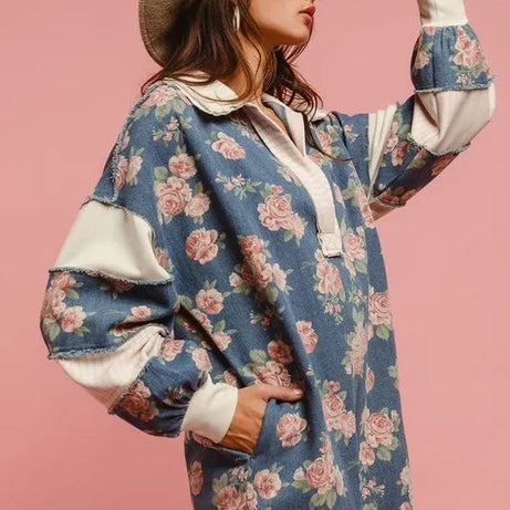 BiBi Washed Floral Denim Romper With Contrast Collar