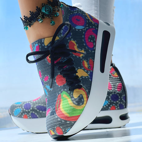 Women's Random Print Side Lace-Up Elastic Sport Shoes, Comfortable Slip-On Sneakers For Women, Casual Daily Wear Footwear