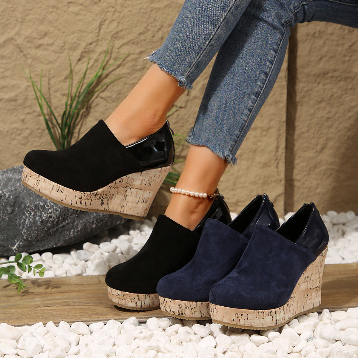 Women's Wedge Heels Spring 2025 New Arrival Suede And Leather Patchwork Design