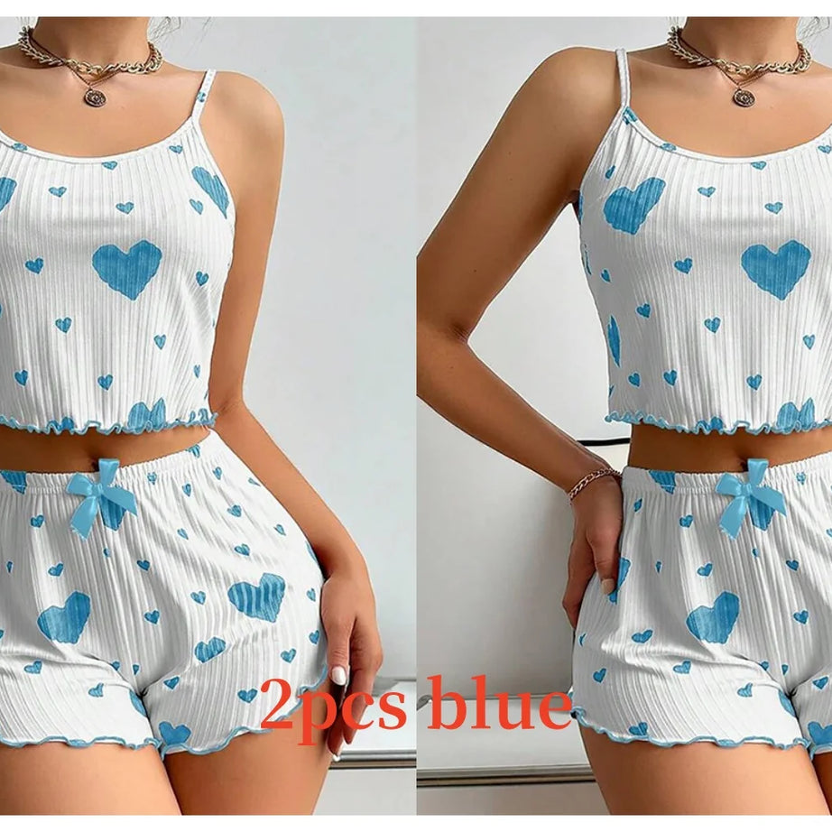 Women's Pajamas Set Sleepwear 2 PCS Short Tank Tops And Shorts S M L White Ventilate Soft Casual Love Printing