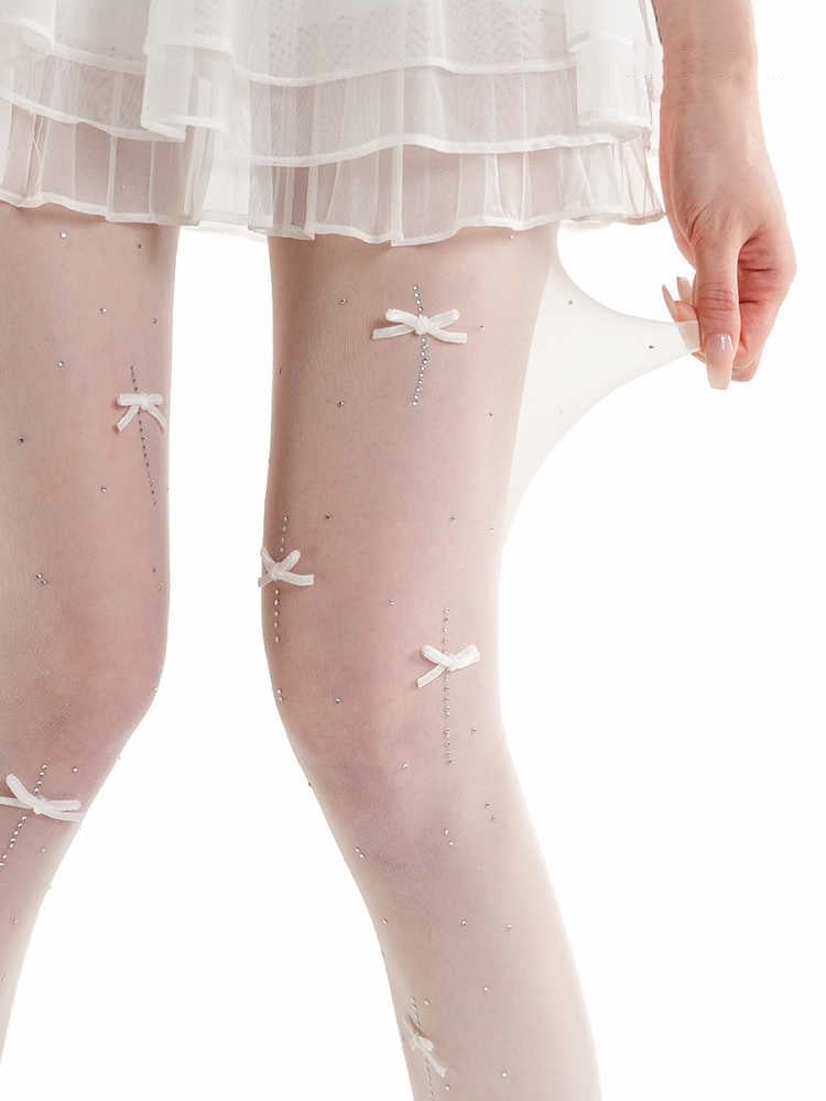 Velvet Bow Rhinestone White Stockings