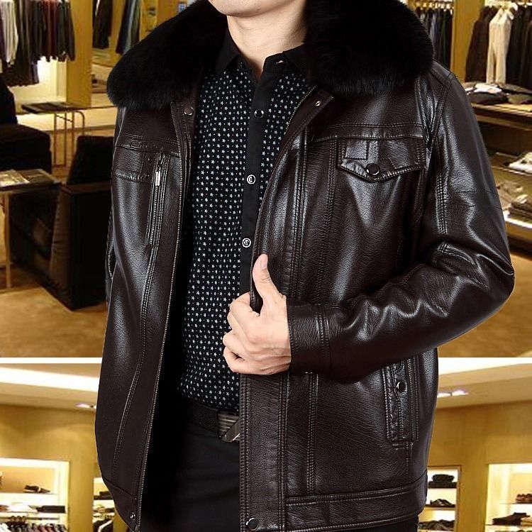 Mens Leather Jacket With Lapel And Fur Collar For Middle-Aged