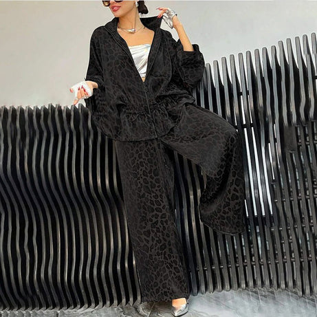 Women's Casual 2-Piece Set, Drawstring Leopard Print Zip-Up Top & Wide Leg Pants For Spring Fall
