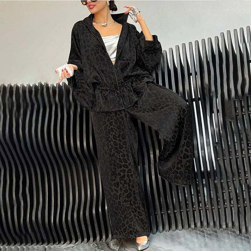 Women's Casual 2-Piece Set, Drawstring Leopard Print Zip-Up Top & Wide Leg Pants For Spring Fall