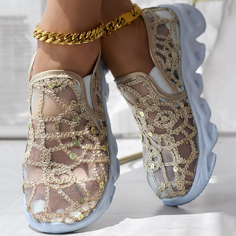 Contrast Glitter Transparent Mesh Patch Breathable Sneakers - Without Ankle Strap