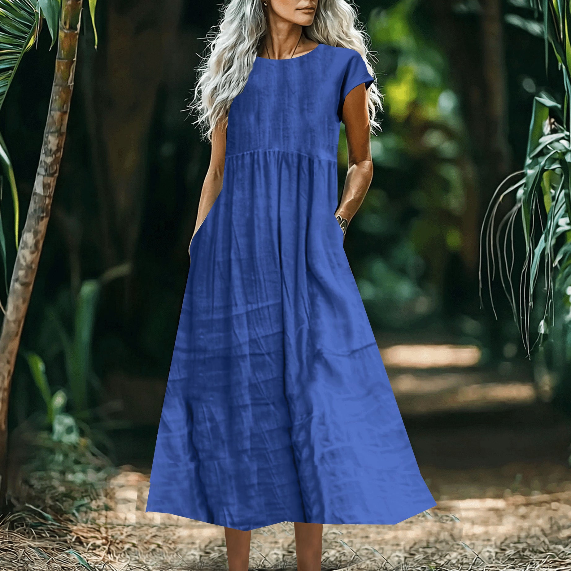 Women's Solid-Color Loose-Fitting All-Match Cotton-Linen Dress With Pockets