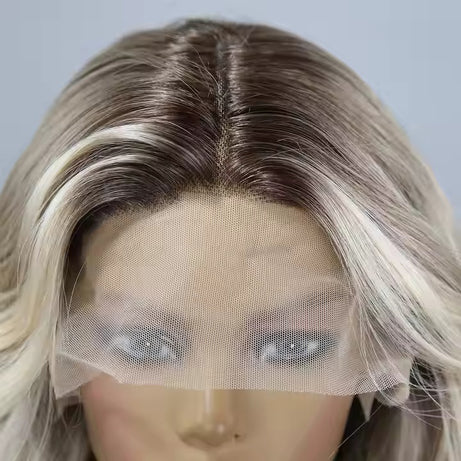 European And American Fashion T-shaped Lace Gold Gradient Wavy Curly Hair Wigs Shipped From Warehouse