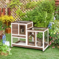 PawHut Wooden Rabbit Hutch Elevated Bunny Cage Indoor Small Animal Habitat With Enclosed Run With Wheels, Ramp, Removable Tray For Rabbits, Chickens, Ducks, Guinea Pigs, Brown
