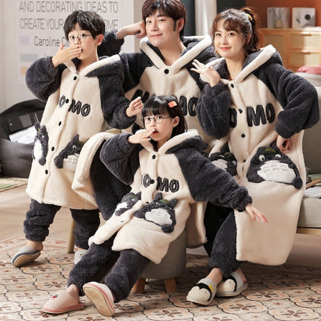 Autumn And Winter Parent-child Coral Velvet Pajamas Family Of Three Children Large Size Thickened Robe Nightgown