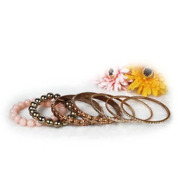 7-Piece Retro Burnished Gold Inlaid Rhinestones Bangle Bracelet Set