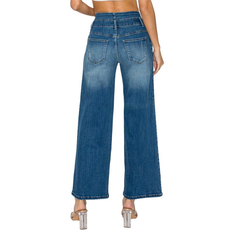 Women's Medium Blue Elastic Waist Jeans - Wide Leg Casual Denim