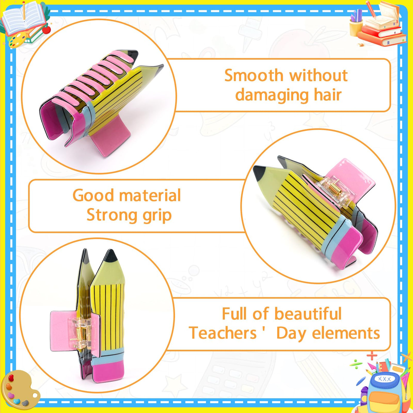 4Pcs Pencil Hair Clips Back To School Hair Accessories For Women Sunflower Leopard Stripe Hair Claw Clips Non Slip Hairpin For Thick Thin Hair School Opens Season Teachers Outfit Decor Clearance