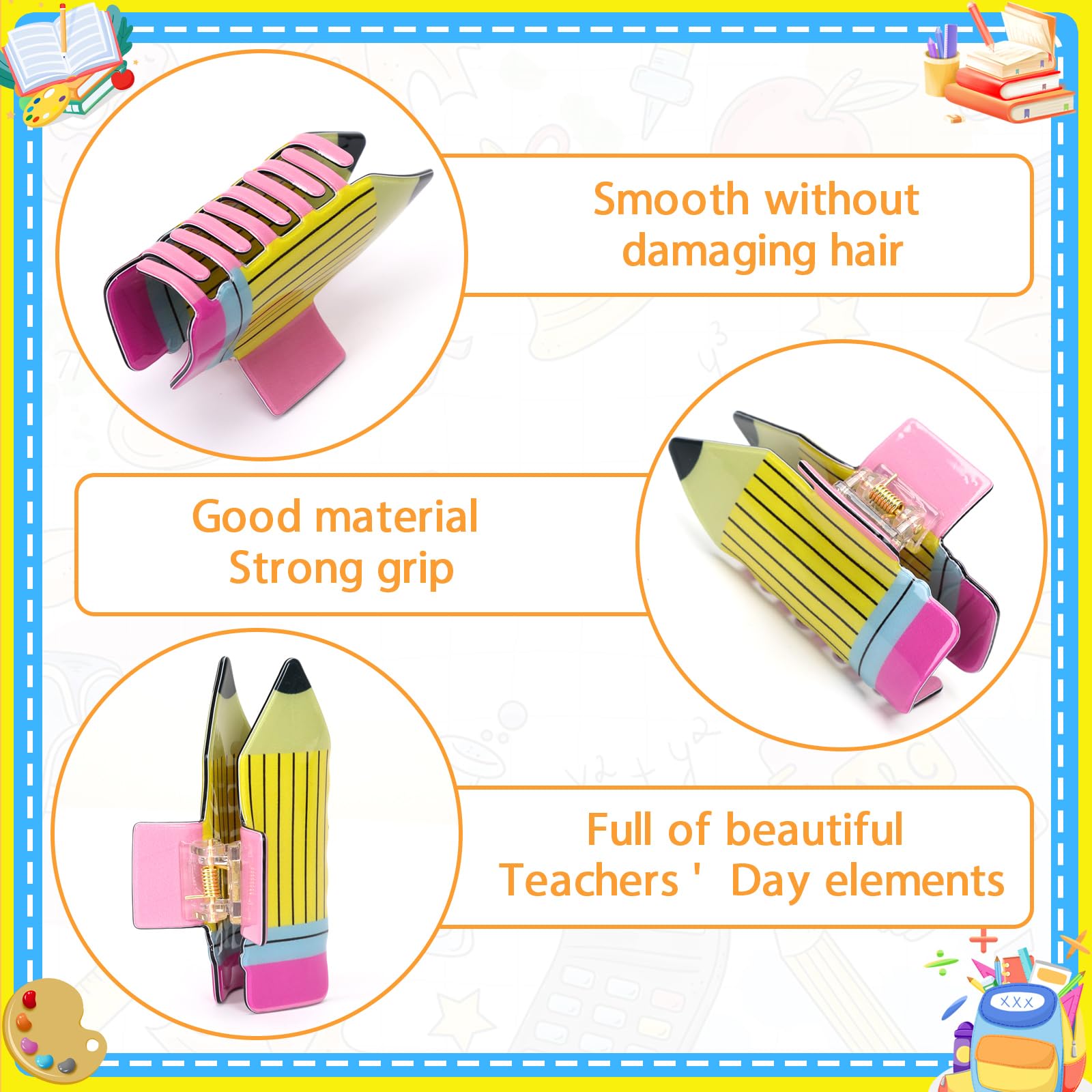 4Pcs Pencil Hair Clips Back To School Hair Accessories For Women Sunflower Leopard Stripe Hair Claw Clips Non Slip Hairpin For Thick Thin Hair School Opens Season Teachers Outfit Decor Clearance