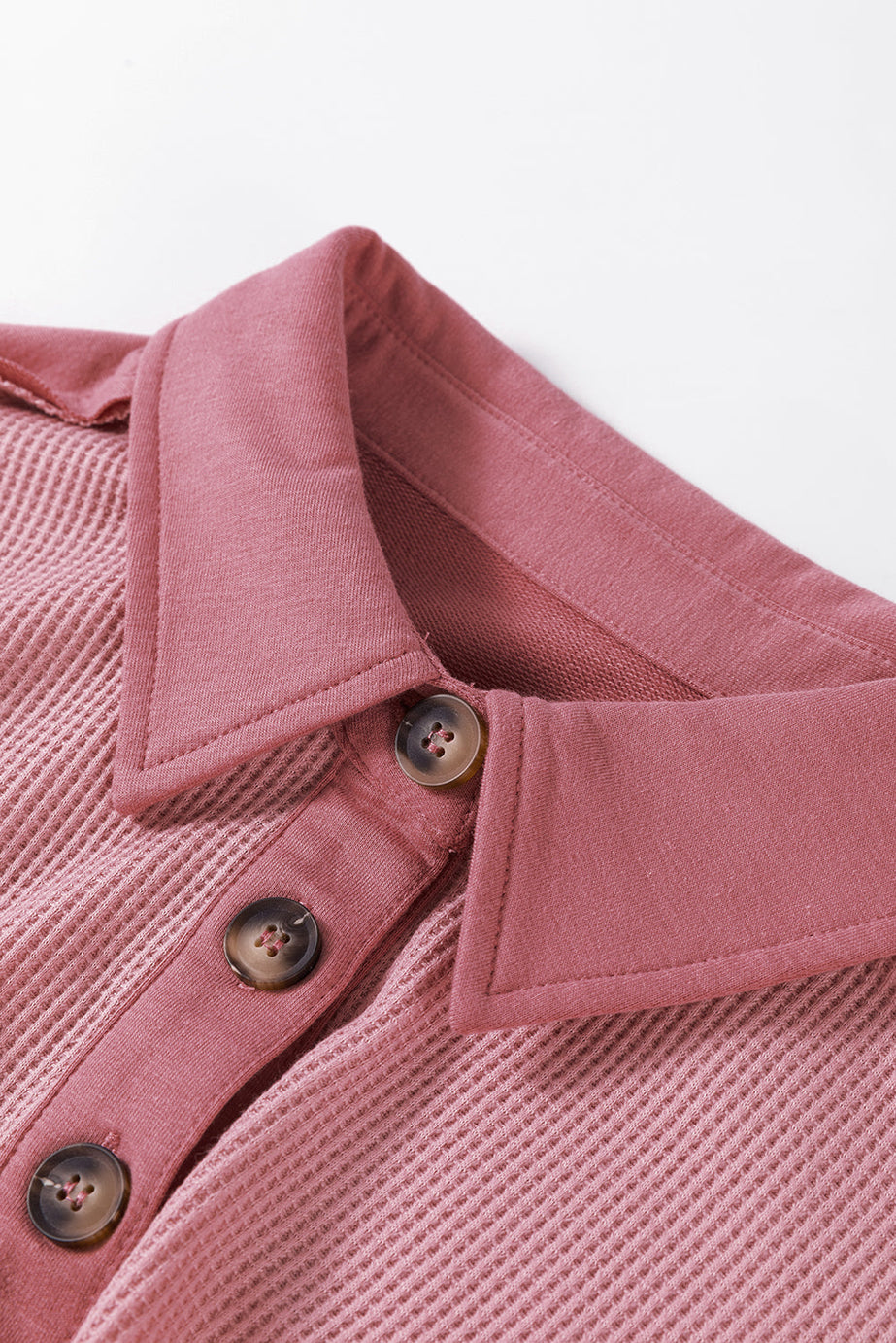 Pink Waffle Long Sleeve Collared Half Button Relaxed Fit Top