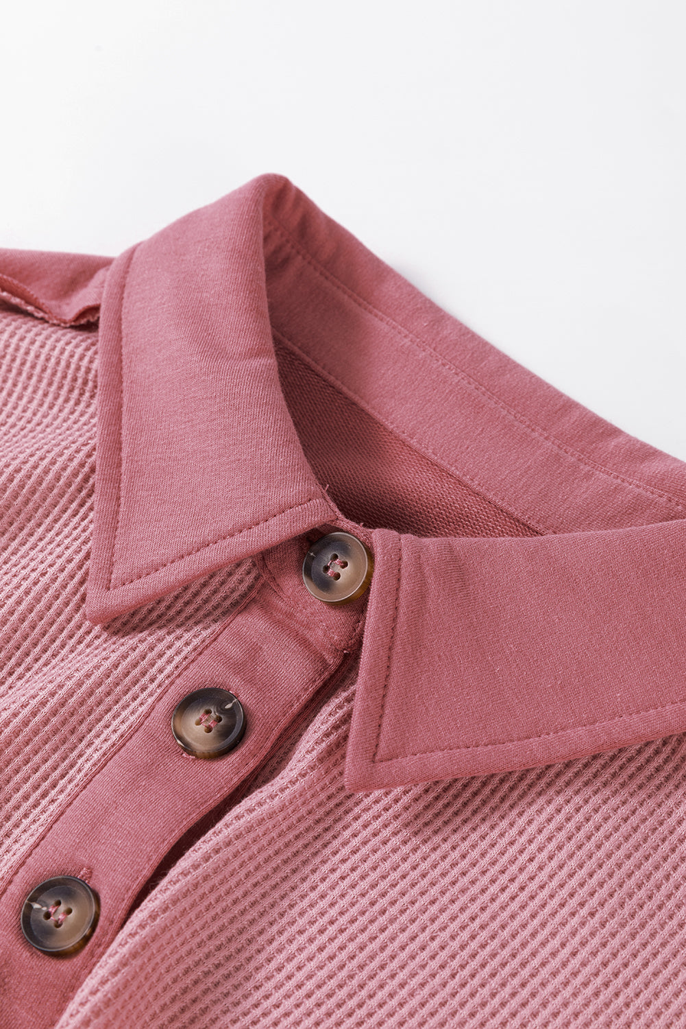 Pink Waffle Long Sleeve Collared Half Button Relaxed Fit Top