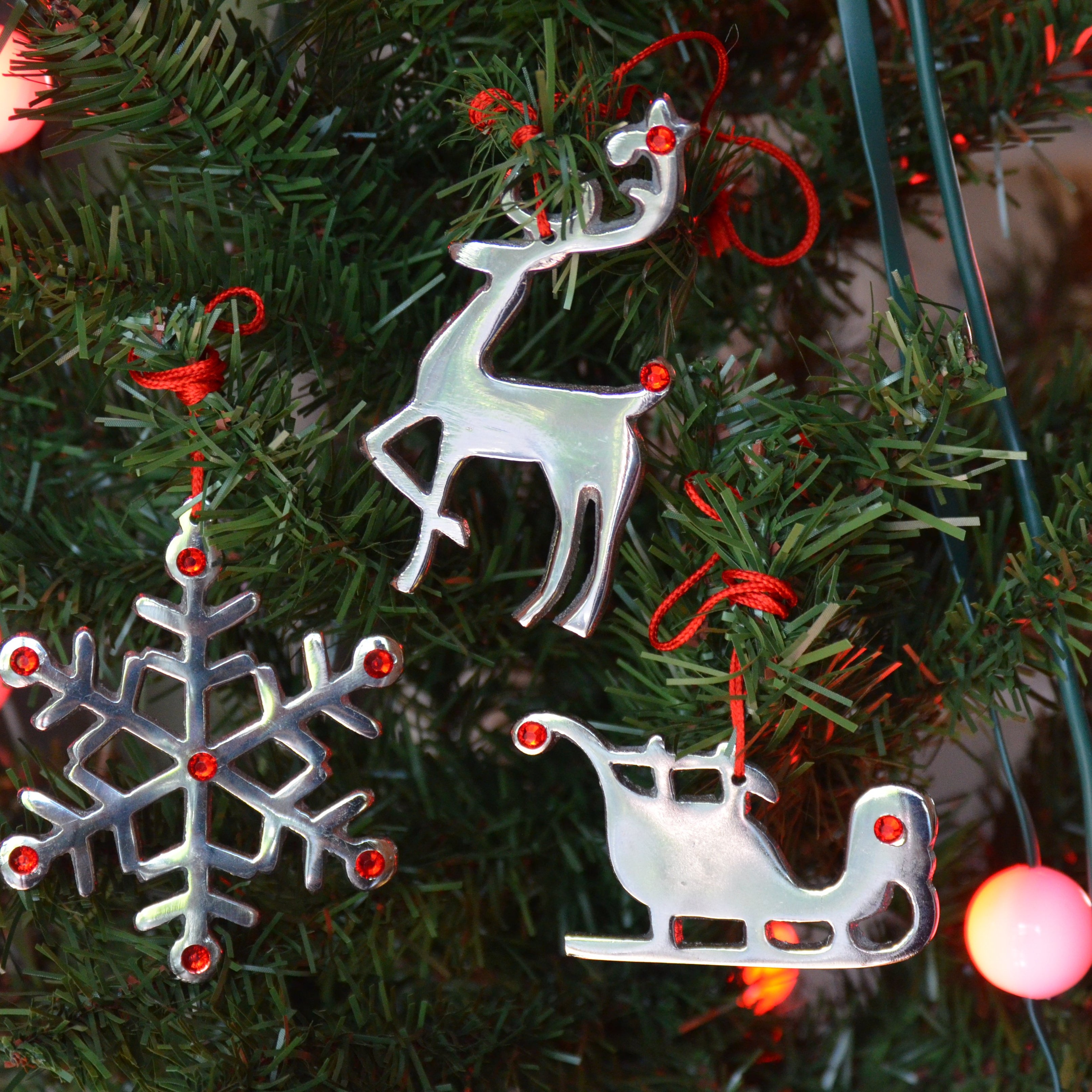 Handmade Christmas Ornaments Set of 3 with Red Ruby